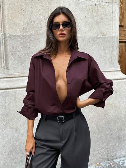 Aloruh قميص نسائي جديد للخريف/الشتاء بياقة عالية لون بوردو، متعدد الاستخدامات للتنقل اليومي، بأكمام طويلة