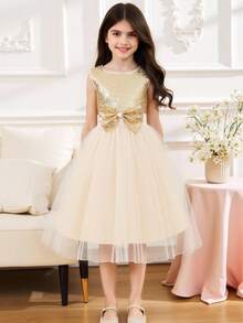 Cô gái Tween Tương phản Sequin Nơ mặt trước Lưới Hem Đầm Party Đối với Giáng sinh - Vàng - Xem 5