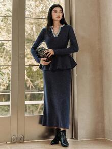 Dazy-Less Elegantes 2 Stücke Damen-Set: Langarm-Pullover mit Pailletten-Patchwork, V-Ausschnitt und Rüschensaum sowie gestrickter Midi-Rock, Herbst/Winter