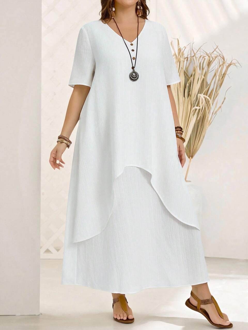 Plus Size Women's Fashionable Asymmetrical Cut Long Short Sleeve Dress