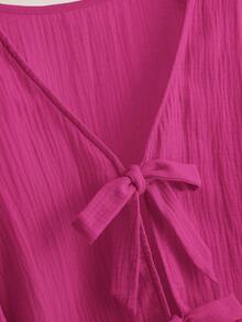 CosyJoli 大码休闲V领长袖系带衬衫，花卉蕾丝拼布纹理 - 玫紅色 - 查看 5