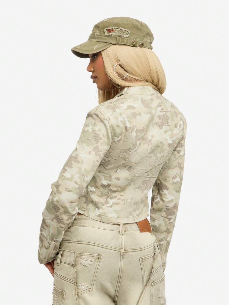 SUMWON WOMEN Cotton Women Fitted Camouflage Moto Jacket Urban Streetwear Zip Front Crop Military Fashion Fall Winter Outerwear With Mandarin Collar