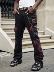 ROMWE MEN Street Life Men's Star Embroidered Layered Denim Jeans - Black - View 2