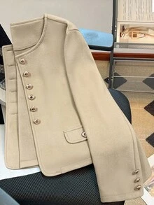 Franclia 女式纯色长袖圆领单排扣休闲大衣，秋冬 - 杏色 - 查看 3