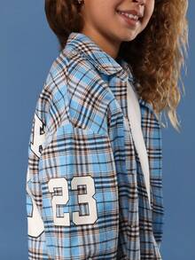 SUMWON Cotton Oversized Plaid Button Down Shirt With Long Sleeves And Chest Print For Casual School Days - Blue - View 4
