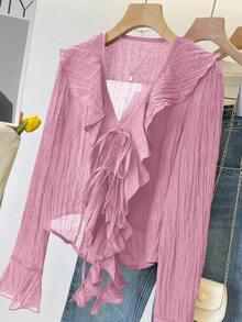 INAWLY French V-Neck Pleated Ruffle Tie Blouse - Pink - View 4