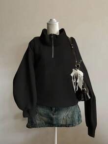 Attitoon Áo khoác nữ dáng rộng in hoa, cổ cao, khóa kéo nửa thân, chất liệu nhẹ, thích hợp cho mùa thu/đông. - màu đen - Xem 5