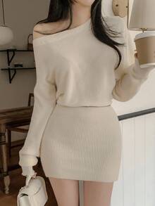 DAZY 女士斜肩修身迷你连衣裙，秋冬毛衣裙 - 米色 - 查看 5