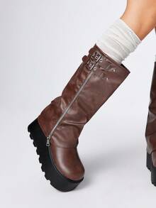 ROMWE Grunge Punk Bốt cổ ngắn mũi tròn đế dày phong cách Punk, dây khóa kéo, kiểu dáng ngoài trời, cao đến bắp chân, mẫu mới thu/đông 2025 - màu nâu - Xem 3