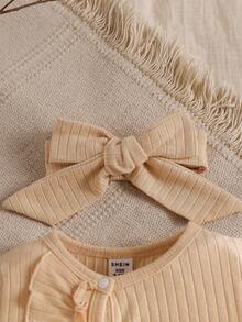 SHEIN Vintaside Kids 婴儿休闲可爱荷叶边长袖连体衣及发带套装，秋冬款 - 卡其色 - 查看 5