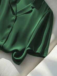 Franclia 女式休闲纯色绿色翻领短袖衬衫，夏季 - 綠色 - 查看 3