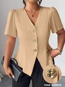 Elenzga Áo len cardigan cài nút hoa hồng thời trang cỡ lớn - Màu Khaki - Xem 2