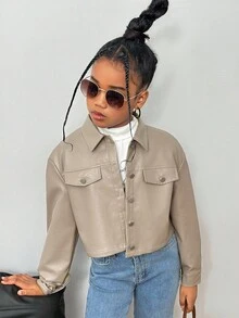 SHEIN Tween Girl Casual Lapel Pocket Metal Button Front PU Short Jacket Fall Winter - Khaki - View 4