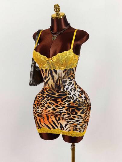  Y2K Amplova Leopard Print Party Yellow Lace Cup Detail Tropical Floral Mesh Bodycon Mini Dress Cheetah Print Outfits Cheetah Print Two Piece Animal Print Set