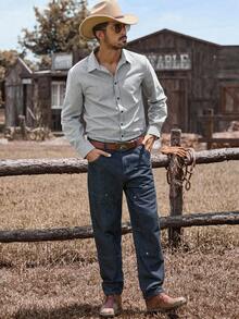 Manfinity Nomadique 男士成熟度假格子梭织长袖衬衫 西部衬衫 男士方格衬衫 男士牛仔衬衫 男士竞技衬衫 男士户外音乐节、夜店酒吧、男友/丈夫礼物、周年纪念礼物、秋季 - 藏蓝色 - 查看 6