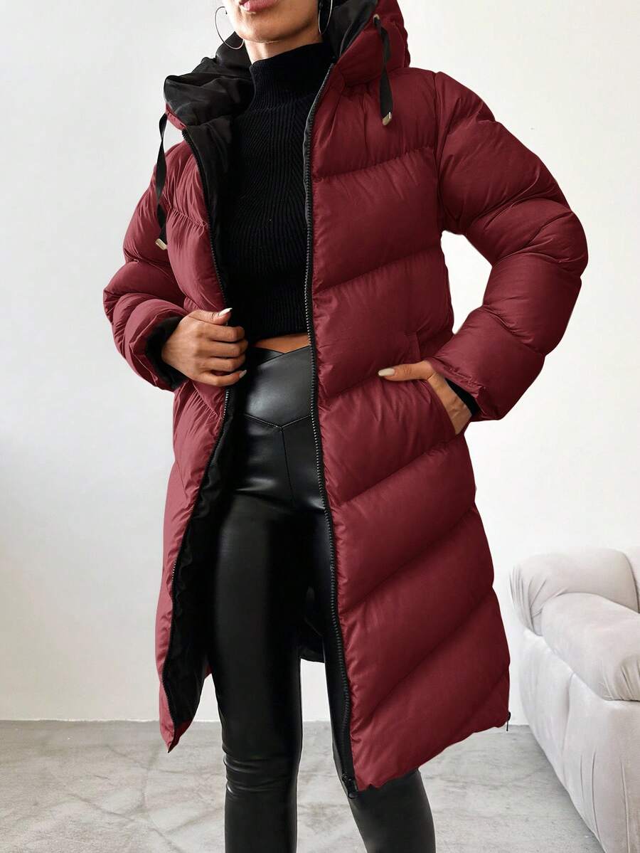 EURMUSE Women's Casual Zip Up Hooded Coat, Versatile For Winter - Burgundy - View 1