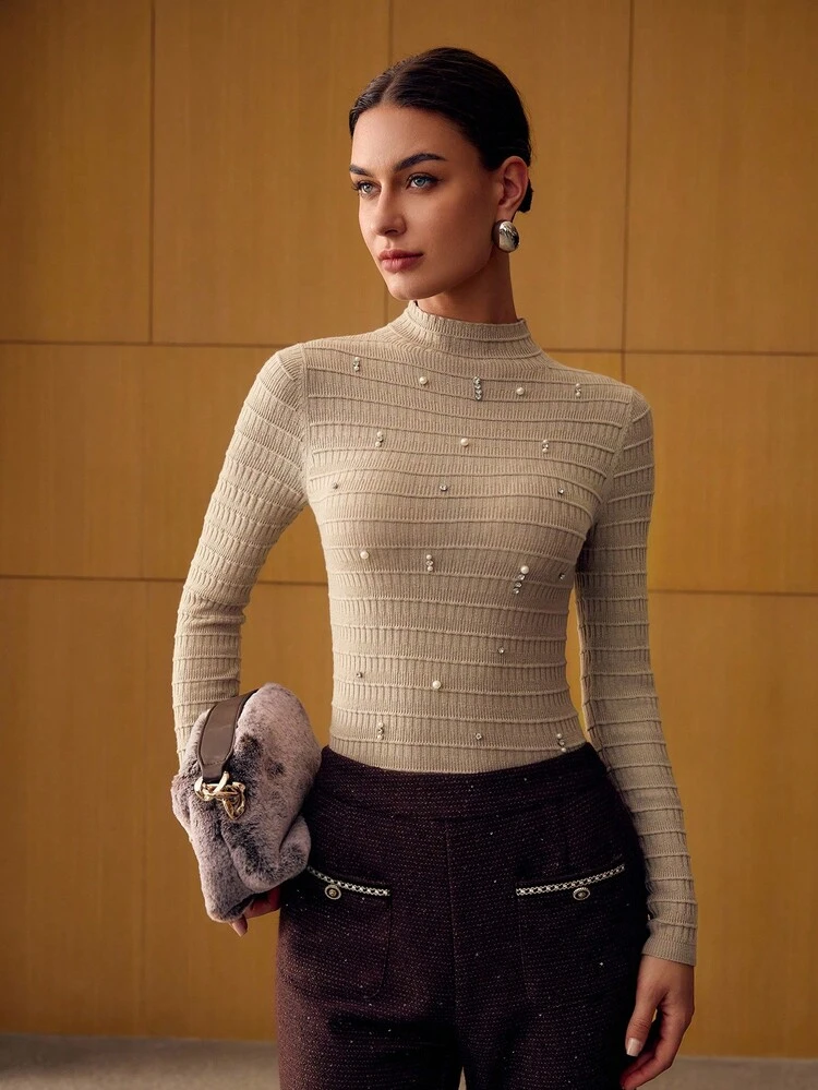 FAUX PEARLS AND RHINESTONE DETAIL MOCK NECK SLIM FIT TEXTURED KNIT SWEATER KNIT PULLOVER FALL WINTER