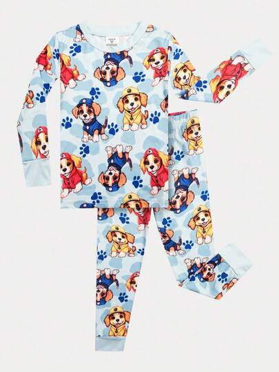 Young Boy Adorable Puppy Print Long Sleeve & Pants Thermal Snug Fit Underwear Set For Home