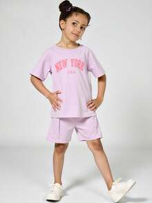 SHEIN Explorewe 2件套女童字母印花圆领T恤和短裤套装 - 紫色 - 查看 2