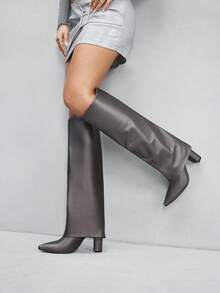 CUCCOO SZL Women's Pointed Toe Thick High Heel Boots, Silver PU Fabric Double Layer Design, Fashion Minimalist For Daily, Party, Banquet, Side Zipper - Silver - View 1