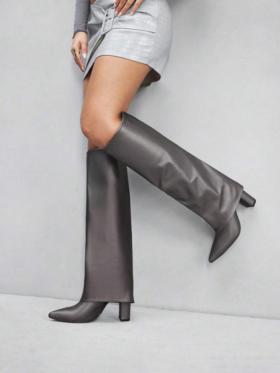 CUCCOO SZL Women's Pointed Toe Thick High Heel Boots, Silver PU Fabric Double Layer Design, Fashion Minimalist For Daily, Party, Banquet, Side Zipper - Silver - View 1