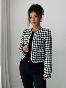 Elenzga Chaqueta de mujer de tela elegante y romántica para ir al trabajo - Blanco y Negro - Ver 6
