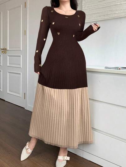 Feyla 秋冬女士休闲简约圆领收腰长袖毛衣连衣裙