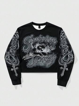 Goth Sudadera de cuello redondo de manga larga con estampado de letras y números, informal, para otoño
