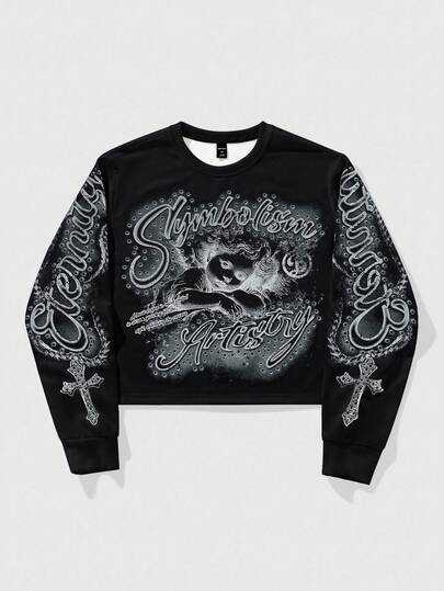 Goth Men's Casual Letter & Figure Print Crew Neck Long Sleeve Pullover Sweatshirt, Autumn