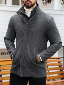 Manfinity Homme 男士休闲简约长袖拉链大衣，秋冬 - 深灰色 - 查看 4