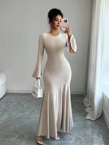 Elenzga 女式优雅弹力修身鱼尾下摆荷叶边袖连衣裙，秋冬 - 卡其色 - 查看 7