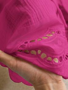 CosyJoli 大码休闲V领长袖系带衬衫，花卉蕾丝拼布纹理 - 玫紅色 - 查看 6