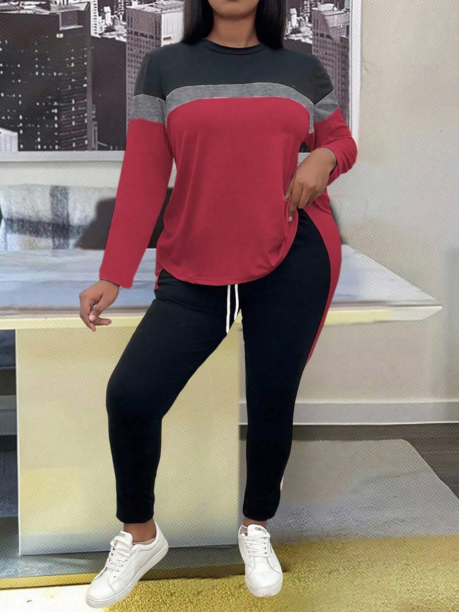 EMERY ROSE Ensemble 2 pièces grande taille, Top manches longues casual blocs de couleurs et pantalon, automne - Multicolore - Voir 1