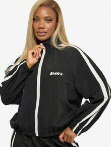 SUMWON WOMEN Women Windbreaker Track Jacket Full Zip Up White Stripe Running Light Weight Stand Collar Casual Outerwear Fall Spring Fashion Streetwear - Black - View 1