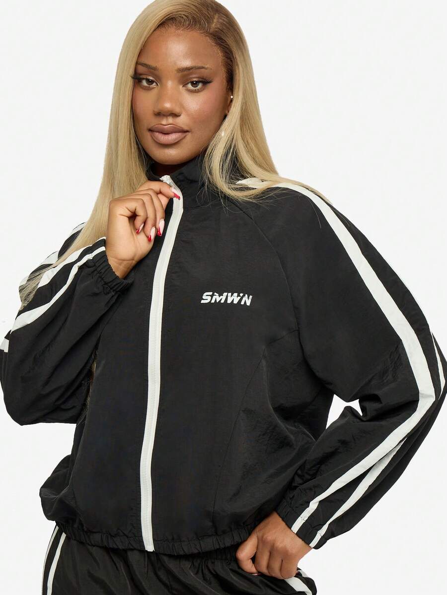 SUMWON WOMEN Women Windbreaker Track Jacket Full Zip Up White Stripe Running Light Weight Stand Collar Casual Outerwear Fall Spring Fashion Streetwear - Black - View 1