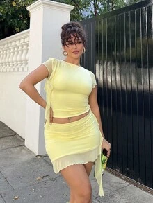 NegzBox 2 Pieces Sets Sexy Pink Color Asymmetrical Ruched Sheer Body Sets,Going Out Sets,Birthday Sets,Holiday Party Sets,Women Date Night Outfits,Concert Outfits,Graduation Dress,Street Style Sets, Women 2 Pieces Clothing Two Pieces Outfits For Women Woman 2 Pieces Outfits - Yellow - View 4