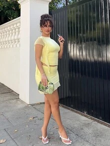 NegzBox 2 Pieces Sets Sexy Pink Color Asymmetrical Ruched Sheer Body Sets,Going Out Sets,Birthday Sets,Holiday Party Sets,Women Date Night Outfits,Concert Outfits,Graduation Dress,Street Style Sets, Women 2 Pieces Clothing Two Pieces Outfits For Women Woman 2 Pieces Outfits - Yellow - View 6