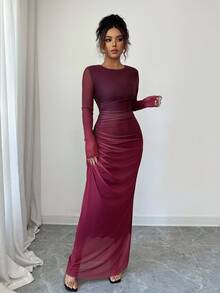 Rafferiza 女式透视网眼长袖渐变色褶饰紧身连衣裙，休闲日常/沙滩/居家/办公室连衣裙 - 酒紅色 - 查看 4