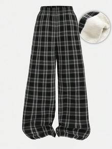 SHEIN Teen Girls' Plaid Thermal Lined Casual Sweatpants Plaid Pants Checkered Pants Teen Baggy Pants Black And White Plaid Pants Loose Pants Fall Winter - Black and White - View 8