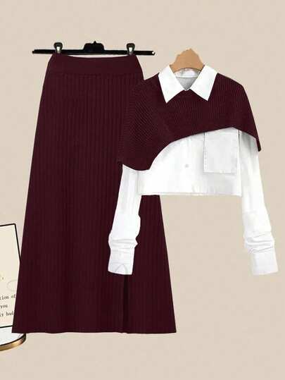 GlowEve Conjunto de 2 piezas de top de punto asimétrico ultrabreve y minifalda para mujer