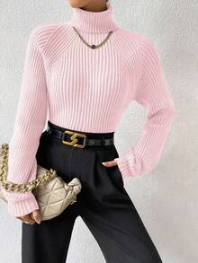 RosyDaze Women's High Neck Solid Color Raglan Sleeve Knitted Casual Long Sleeve Ribbed Sweater - Baby Pink - View 4