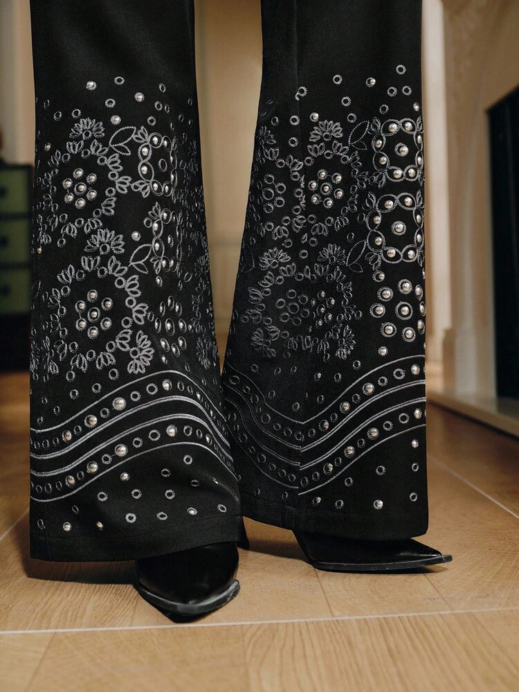 Pantalon de ville à taille haute avec broderie et décorations de strass pour femmes