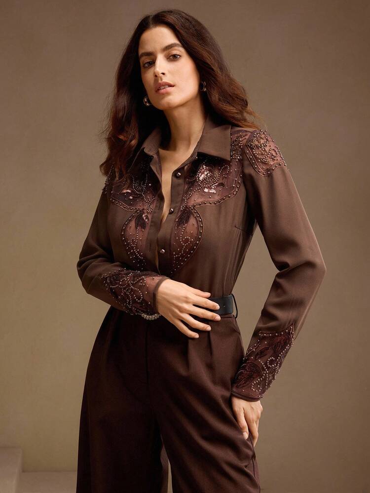 Elegant Oldmoney Women's Fashion New Western Style Long Sleeve Shirt With Pearl Embroidery & Hollow-Out Design