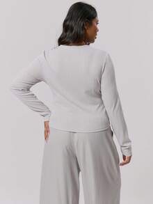 MUSERA 加大码纽扣镂空修身长袖上衣，优雅可爱性感街头风，适合夜间外出穿着，曲线优美 - 灰色 - 查看 4