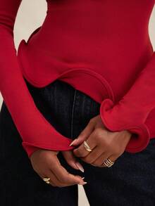 NYA SZN 长袖不对称修身上衣，适合特殊场合，如婚礼宾客、生日、约会、外出、可爱优雅的教堂早午餐、秋季节日嘉年华等，女士必备单品 - 紅色 - 查看 4