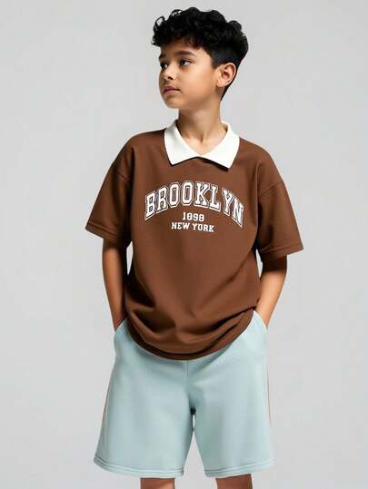 SHEIN 2件套中大童休闲宽松字母印花拼接领短袖T恤短裤套装，夏季