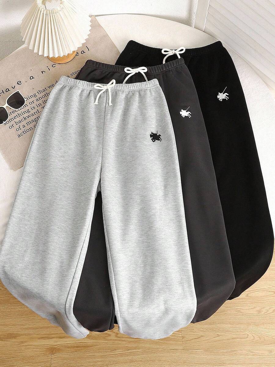 SHEIN 3 件套青少年女孩黑色、白色、深灰色小马印花休闲运动街头针织慢跑裤,买 1 送 2 - 彩色 - 查看 1