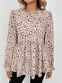 SHEIN LUNE 立领荷叶边泡泡袖 A 字休闲通勤优雅户外浪漫度假碎花长袖女式衬衫，秋冬长袖碎花上衣红色碎花上衣女式碎花上衣碎花上衣女式长袖连衣裙 - 紅色 - 查看 6