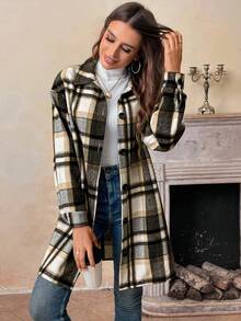 SHEIN LUNE Women's Casual Long Sleeve Plaid Shirt-Style Coat Flannel Jacket Women Plaid Shirt Jacket Women Fall Jackets Women Women Plaid Shirts Plaid Shacket Flannels For Women Plaid Button Up Plaid Shirt Women Fall Women Clothes Women Plaid Coat - Black - View 5