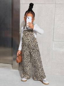 SHEIN Young Girls' Y2K Fashionable Leopard Print Denim Overalls,Fall Kid's  Casual And Comfortable  Wear,2000s Style,Back To School Clothes,Winter Clothes, Toddler Girl Leopard Overalls - Khaki - View 5